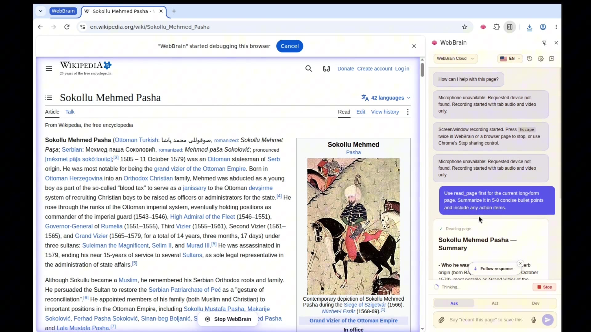WebBrain open-source browser agent running beside a live web page